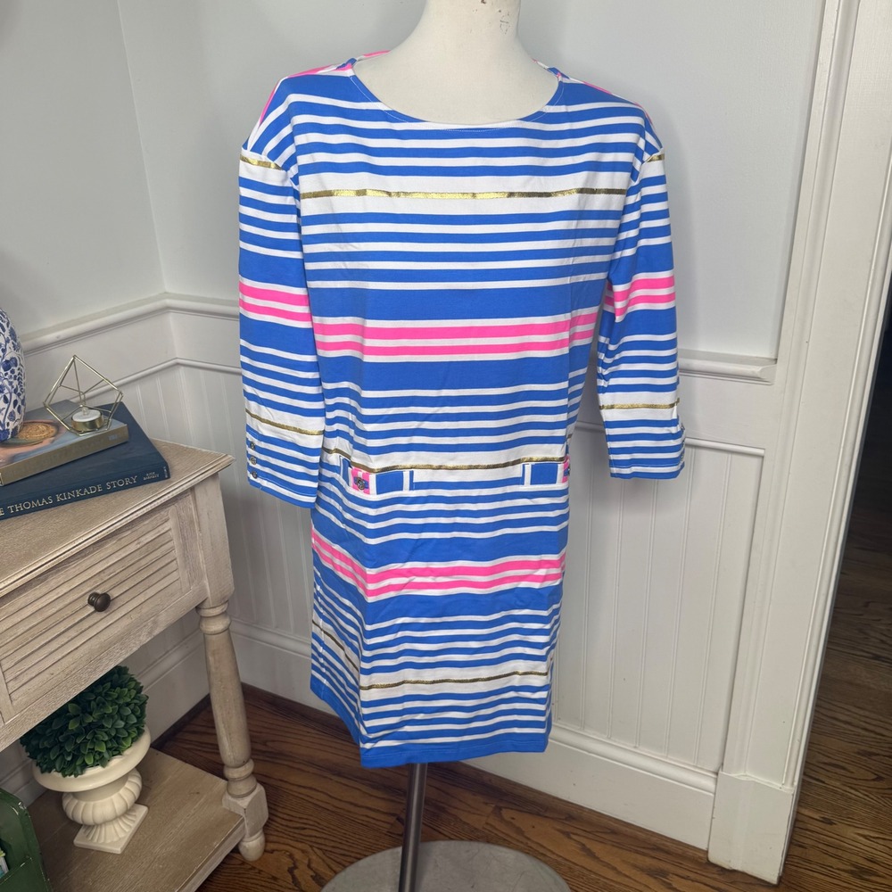 Lilly Pulitzer Womens Blue Pink Striped Gold Metallic Shift Dress Size M